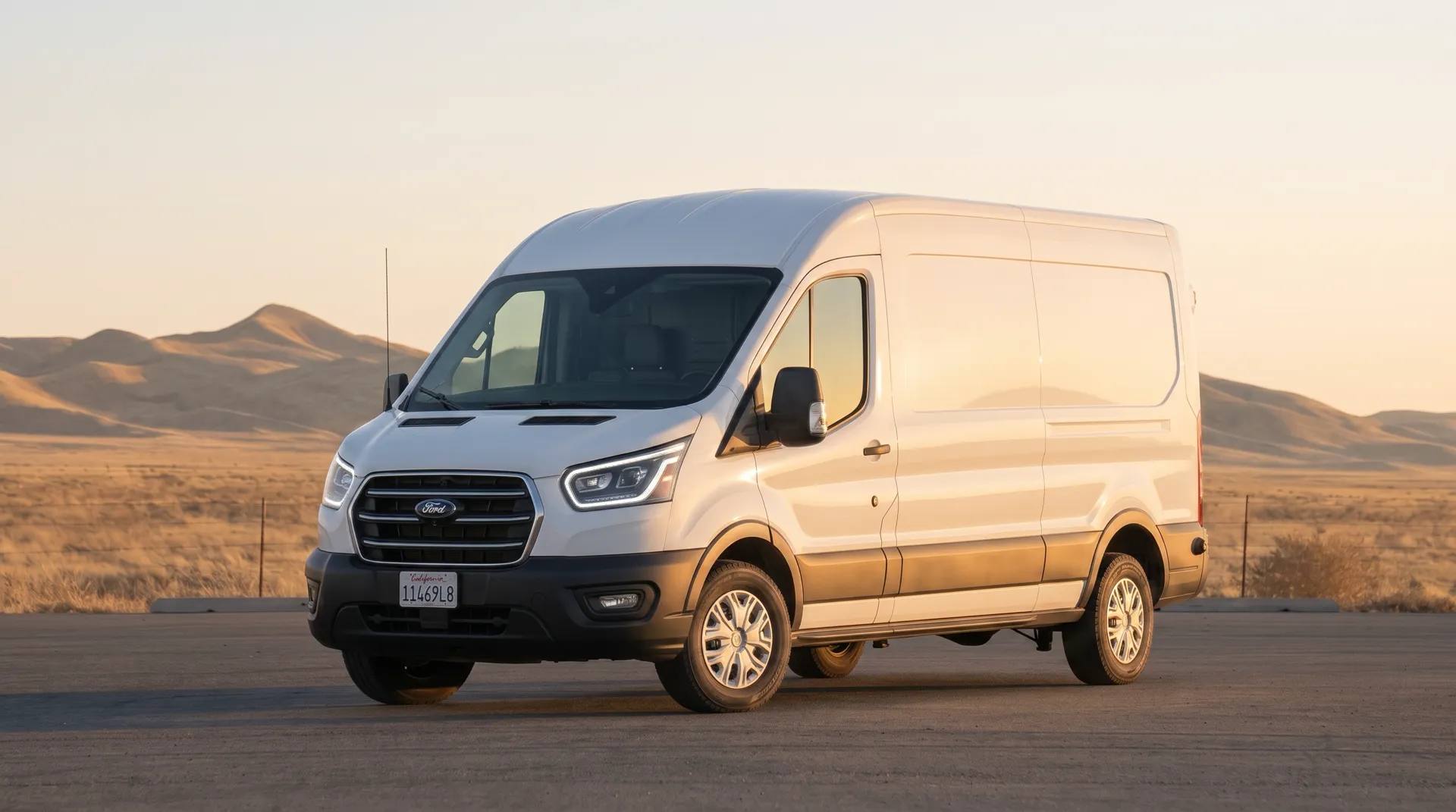 White van parked on an open road in evening light