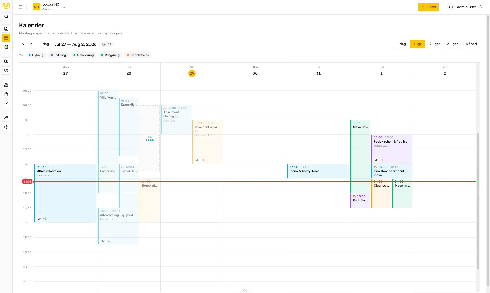 Week calendar in Movea with moving jobs spread across crews and time slots