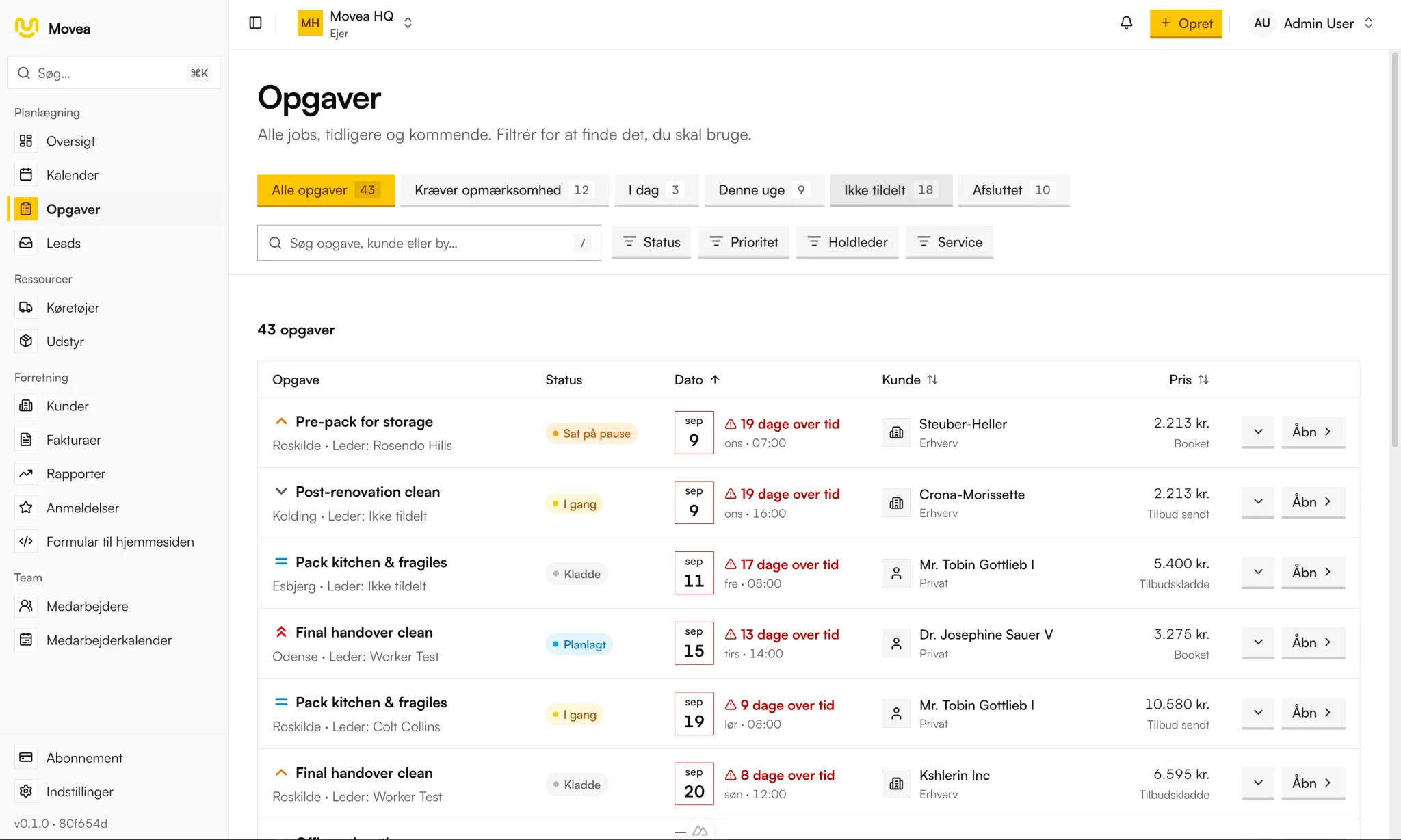 Uppdragslistan i Movea med filter, sökning och status på varje ärende