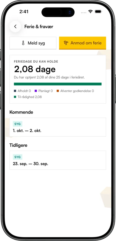 Semester och frånvaro i Movea-appen med semestersaldo, knappar för att sjukanmäla sig och ansöka om semester och kommande frånvaro