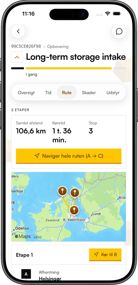 Movea-appen på en iPhone med uppdragets rutt på en karta