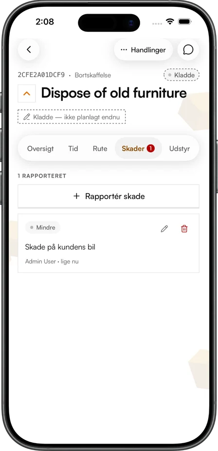 Skaderapport i Movea-appen med bilder och allvarlighetsgrad