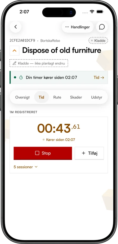 Klockan på ett uppdrag i Movea-appen, startad och igång