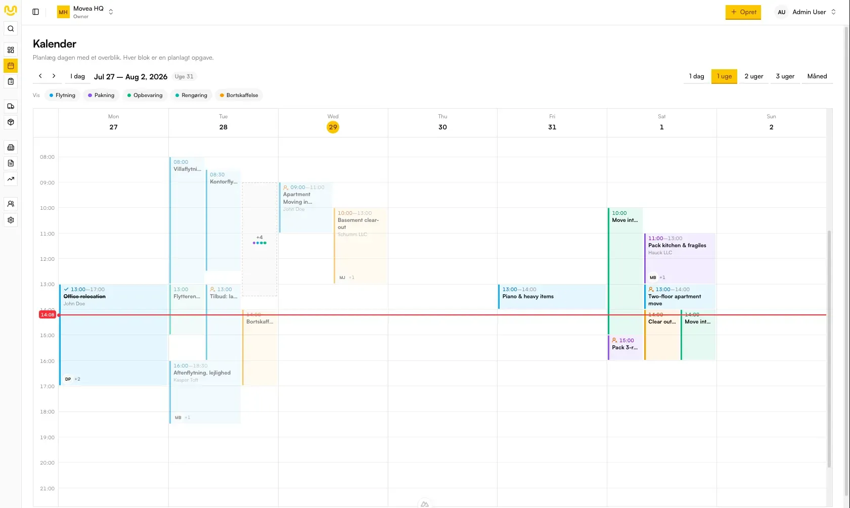 Ugekalender i Movea med flytteopgaver fordelt på hold og tidspunkter